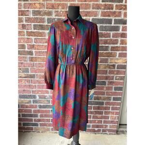 NWT Vintage fall dress - Leslie Fay - leaves - shirt dress - midi - 70s - size S